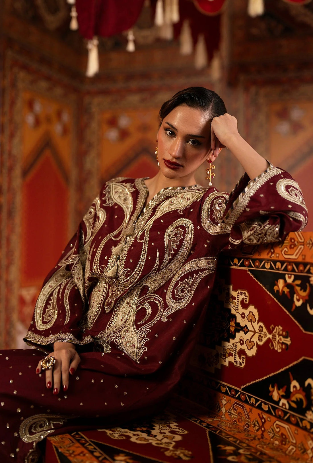 ETHNC LUXURY EMBROIDERED SILK KAFTAN - 3 PC UNSTITCHED