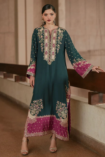 ETHNC EMBROIDERED KAFTAN SILK DRESS - 3 PC UNSTITCHED