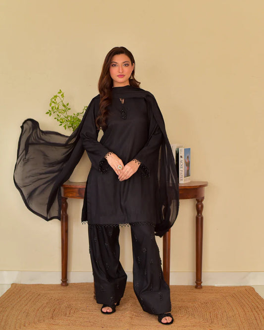 RAW SILK EMBROIDERED DRESS - 3 PC STITCHED