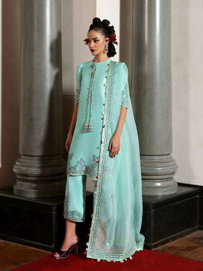 HUSSAIN REHAR EMBROIDERED RAW SILK ADDA WORK - 3 PC UNSTITCHED