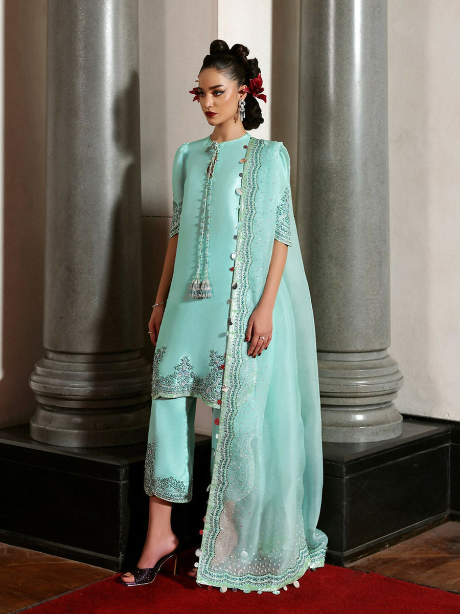 HUSSAIN REHAR EMBROIDERED RAW SILK ADDA WORK - 3 PC UNSTITCHED