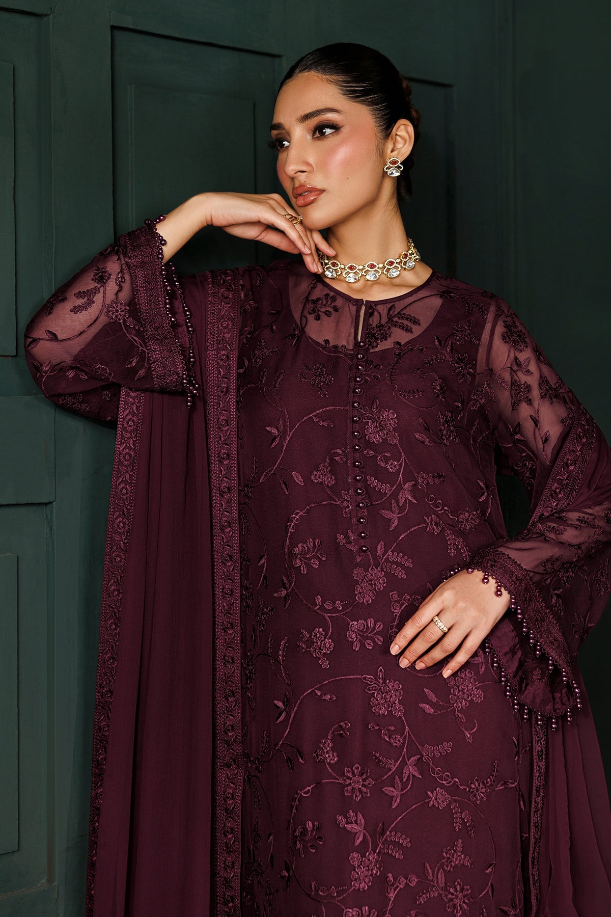 BAROQUE EMBROIDERED CHIFFON DRESS - 3 PC UNSTITCHED