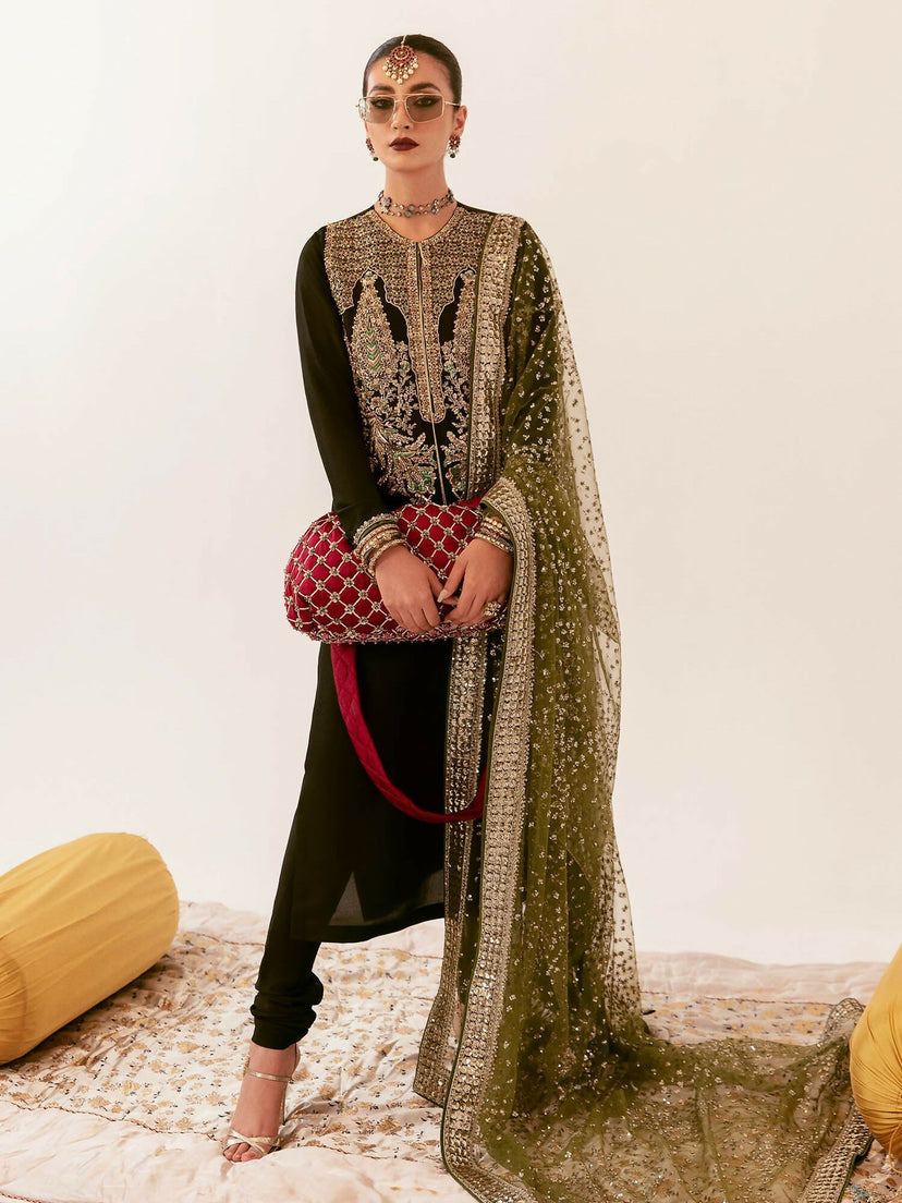 HUSSAIN REHAR LUXURY EMBROIDERED RAW SILK - 3 PC UNSTITCHED