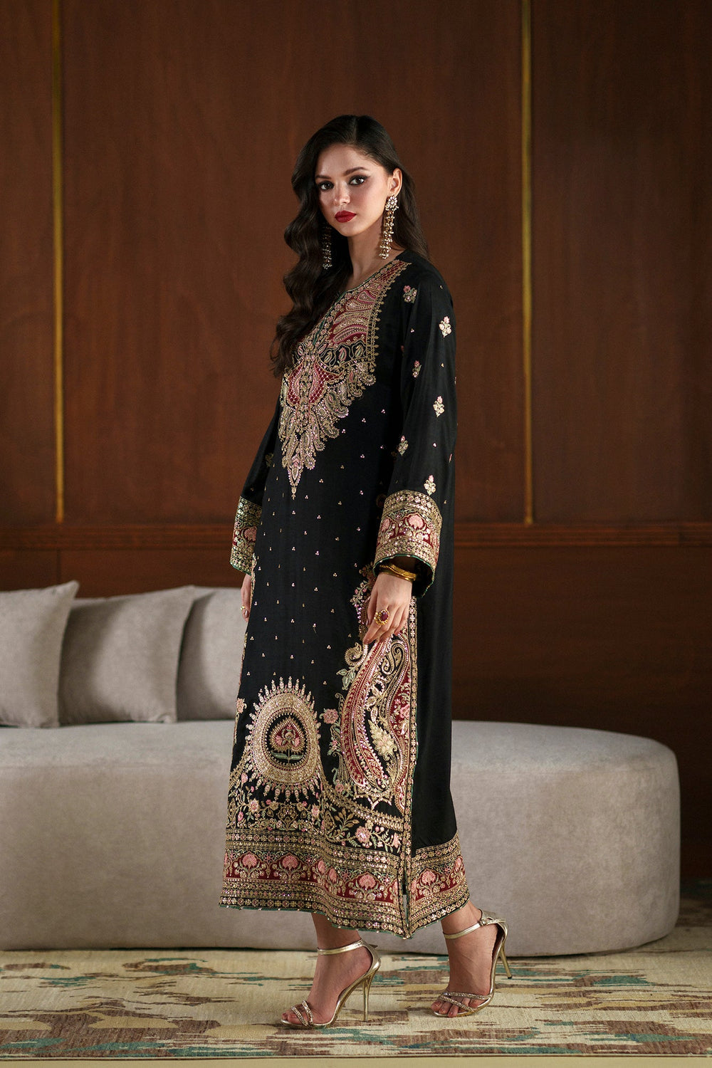 ETHNC LUXURY EMBROIDERED SILK KAFTAN - 3 PC UNSTITCHED