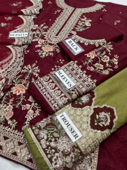 ETHNIC EMBROIDERED RAW SILK DRESS - 3 PC UNSTITCHED