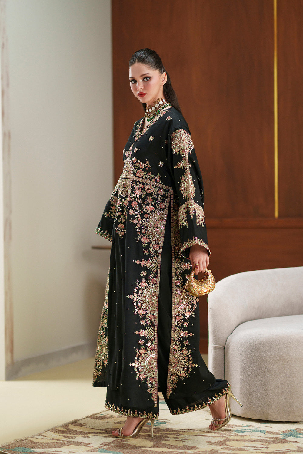 ETHNC BLACK SILK KAFTAN - 3 PC UNSTITCHED