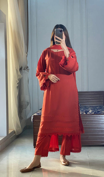 EMBROIDERED COTTON DRESS - 3 PC STITCHED