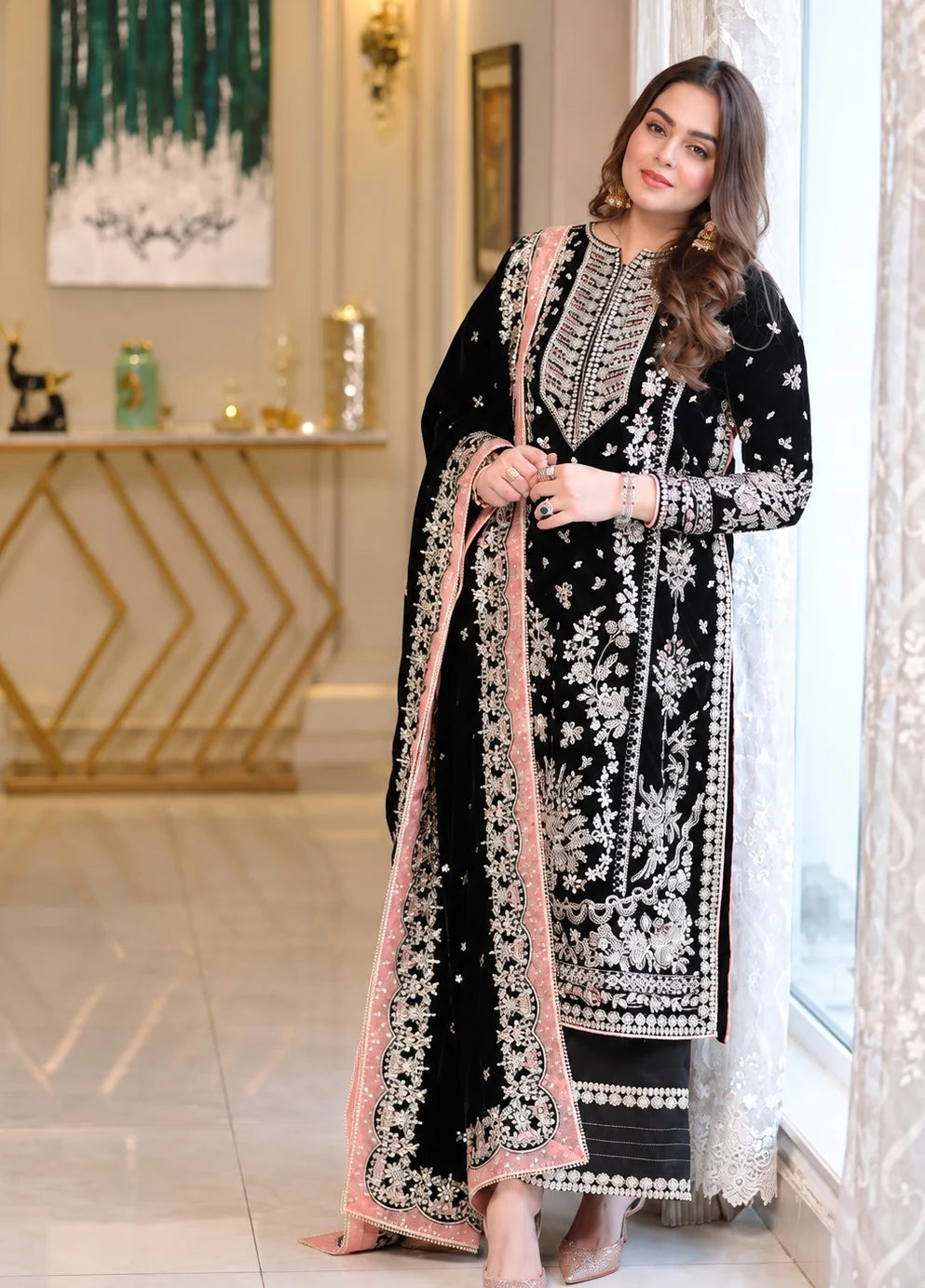 ANEELA’S BLACK VELVET EMBROIDERED DRESS - 3 PC UNSTITCHED