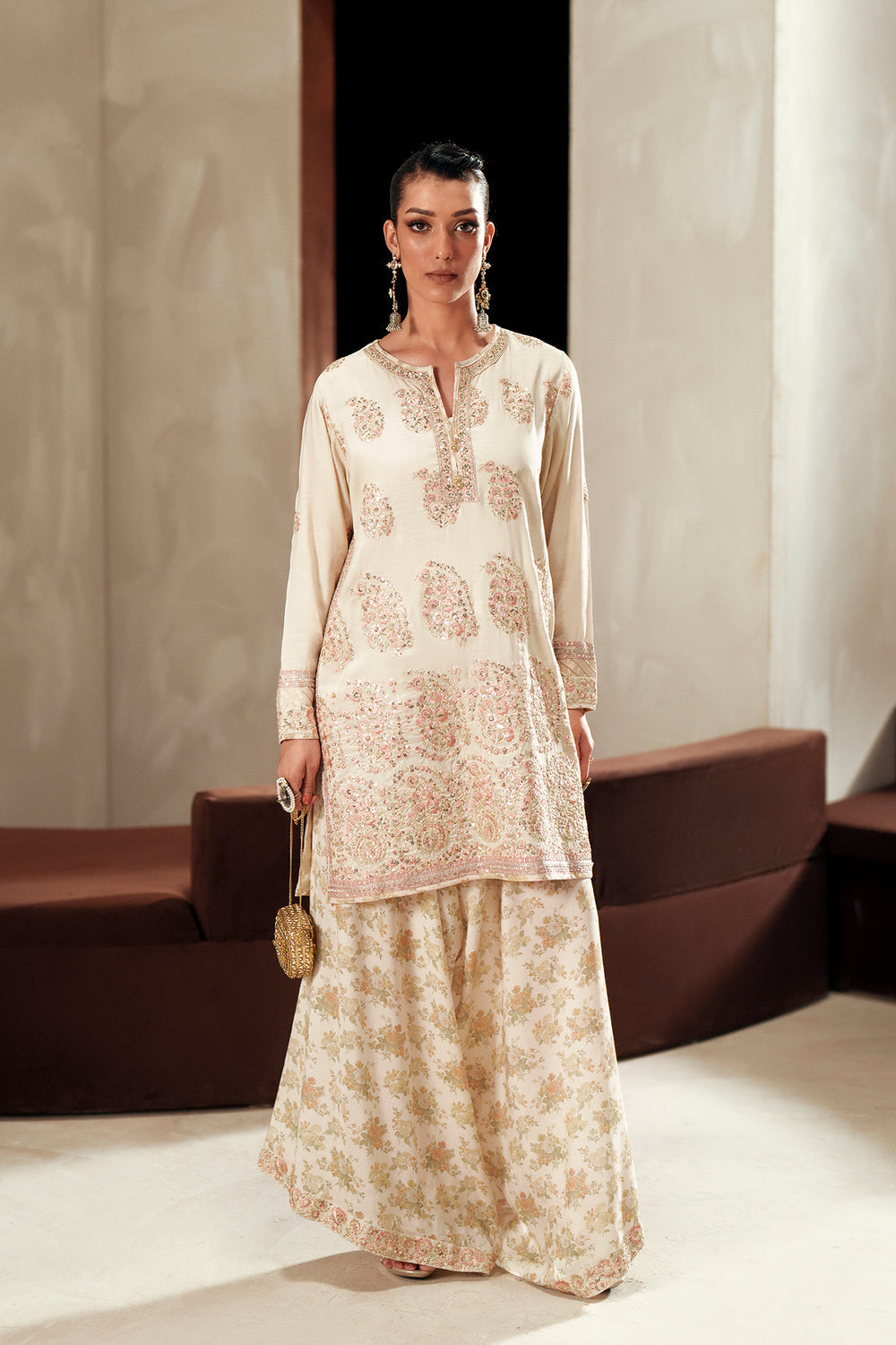 ETHNC EMBROIDERED RAW SILK DRESS - 3 PC UNSTITCHED