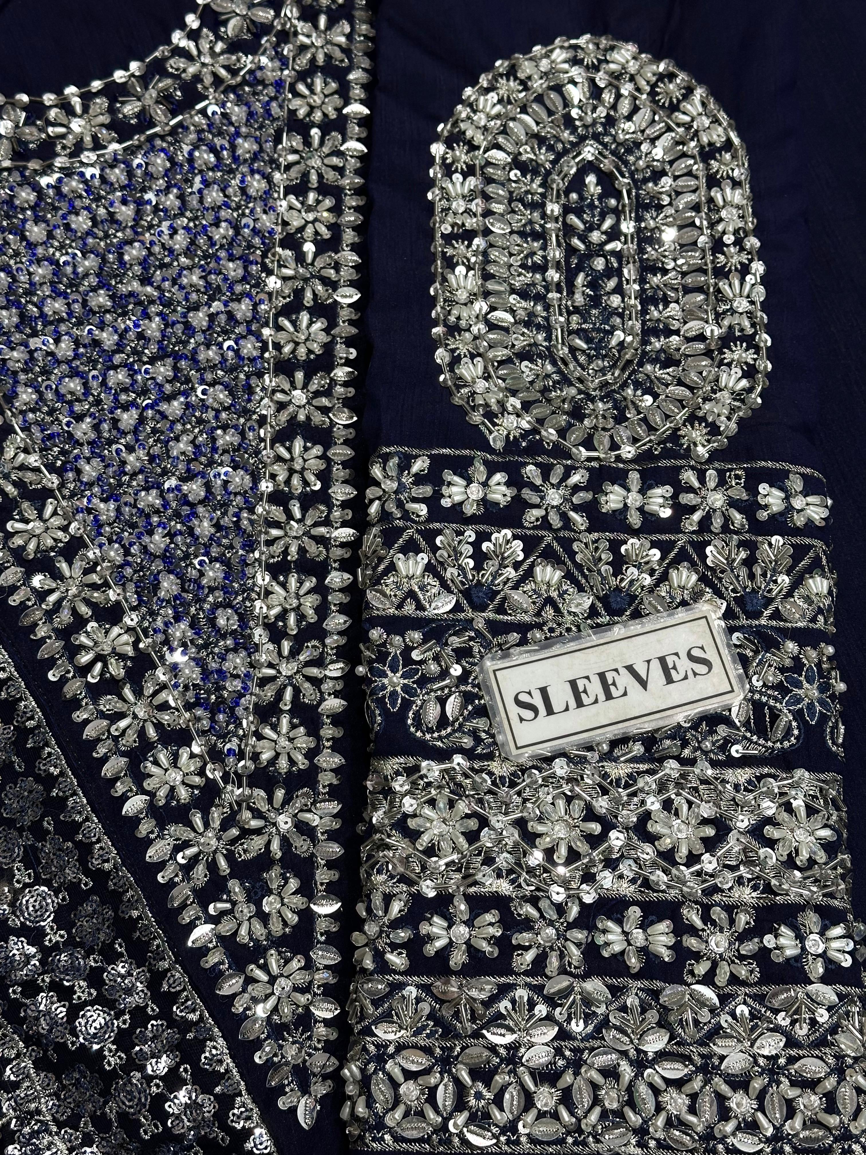 HUSSAIN REHAR LUXURY EMBROIDERED ADDA WORK RAW SILK - 3 PC UNSTITCHED