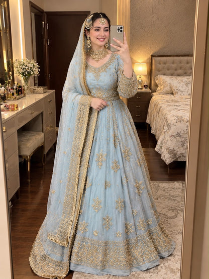 EMBROIDERED DUSTY SKY LEHENGA CHIFFON - 3 PC UNSTITCHED