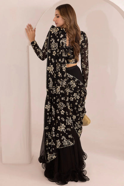 JAZMIN LUXURY BLACK CHIFFON SAREE - 3 PC UNSTITCHED