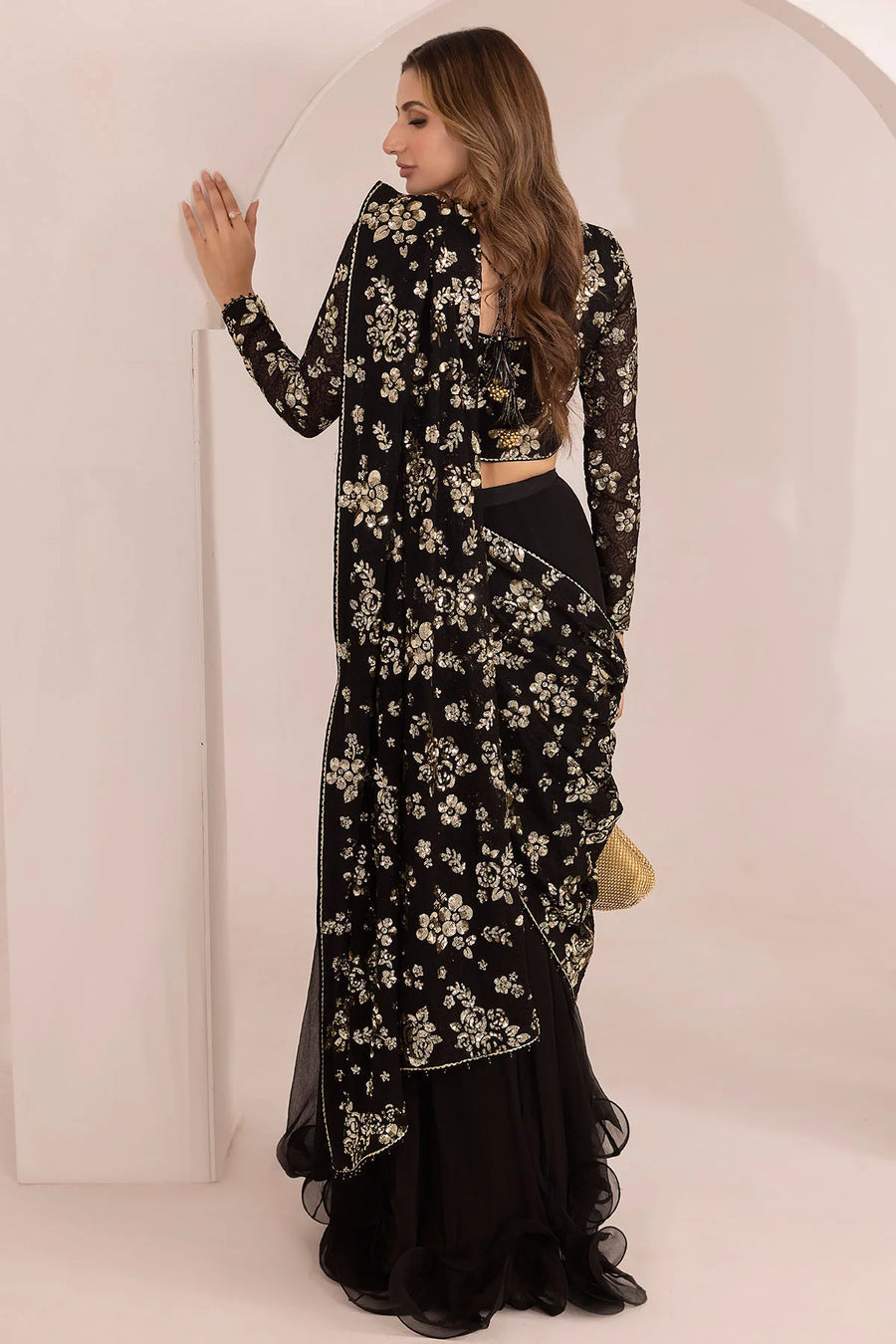 JAZMIN LUXURY BLACK CHIFFON SAREE - 3 PC UNSTITCHED