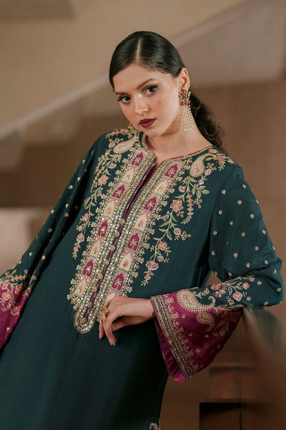 ETHNC EMBROIDERED KAFTAN SILK DRESS - 3 PC UNSTITCHED