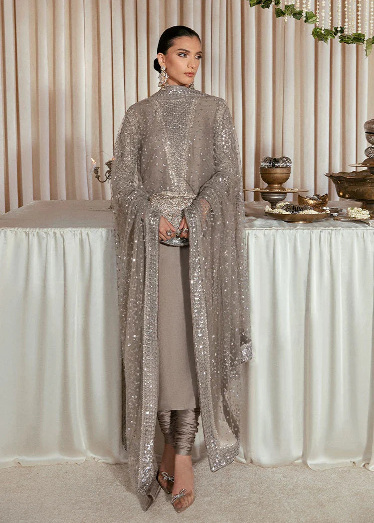 HUSSAIN REHAR RAW SILK EMBROIDERED ADDA WORK DRESS - 3 PC UNSTITCHED