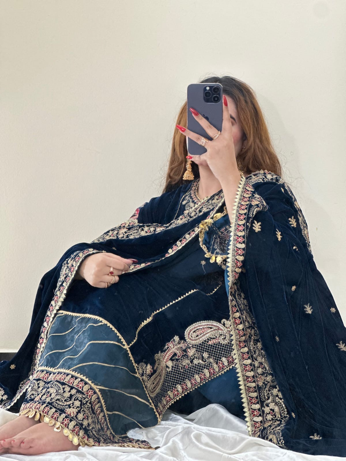 EMBROIDERED VELVET DRESS - 3 PC STITCHED