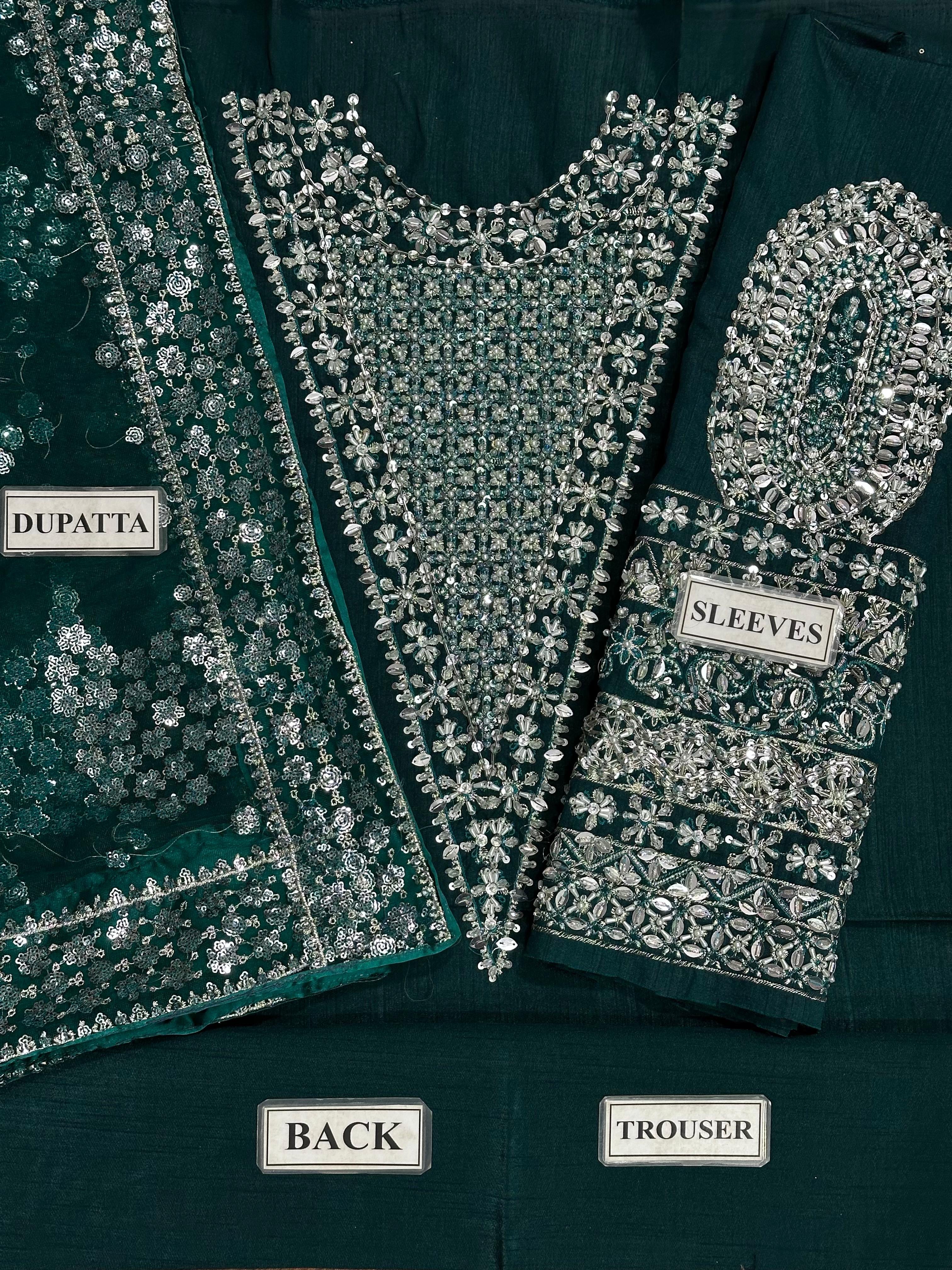 HUSSAIN REHAR LUXURY EMBROIDERED ADDA WORK RAW SILK - 3 PC UNSTITCHED