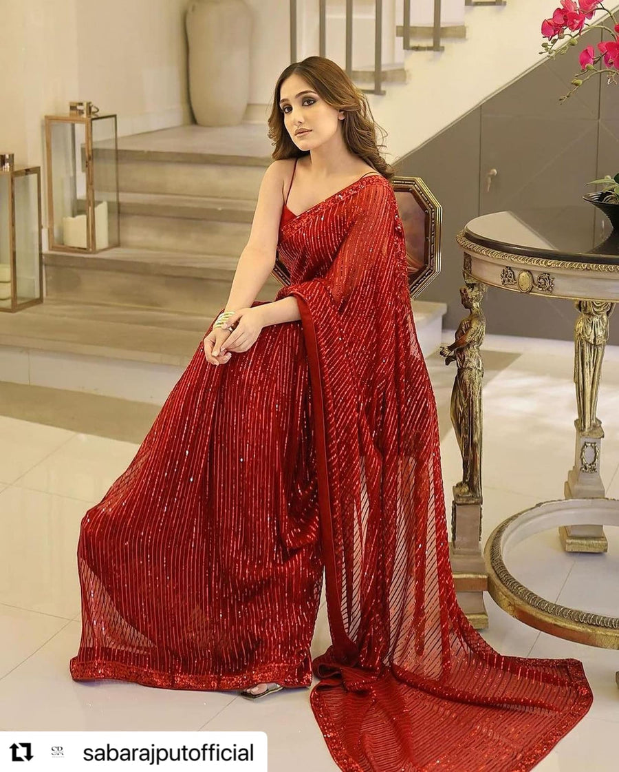 SABA RAJPUT LUXURY EMBROIDERED CHIFFON SAREE - 3 PC UNSTITCHED