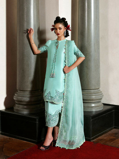 HUSSAIN REHAR EMBROIDERED RAW SILK ADDA WORK - 3 PC UNSTITCHED