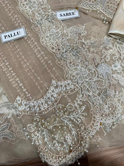 MARIA B EMBROIDERED NET SAREE - 3 PC UNSTITCHED