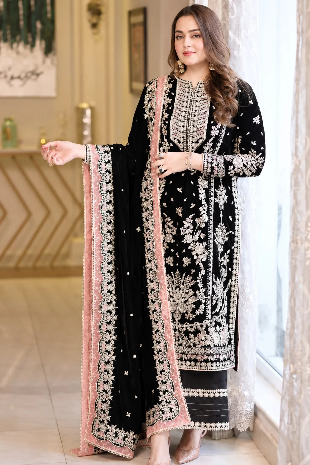 ANEELA’S BLACK VELVET EMBROIDERED DRESS - 3 PC UNSTITCHED