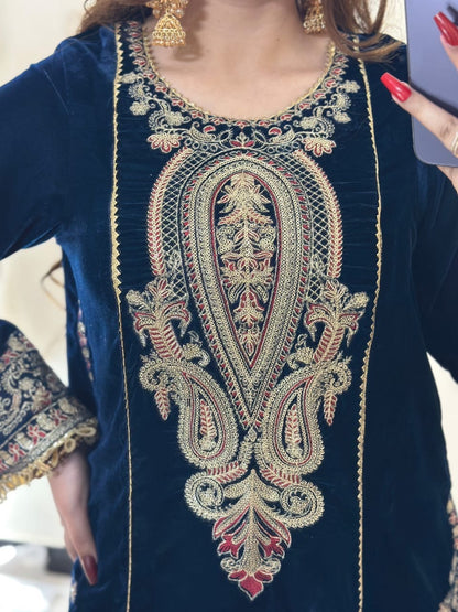 EMBROIDERED VELVET DRESS - 3 PC STITCHED