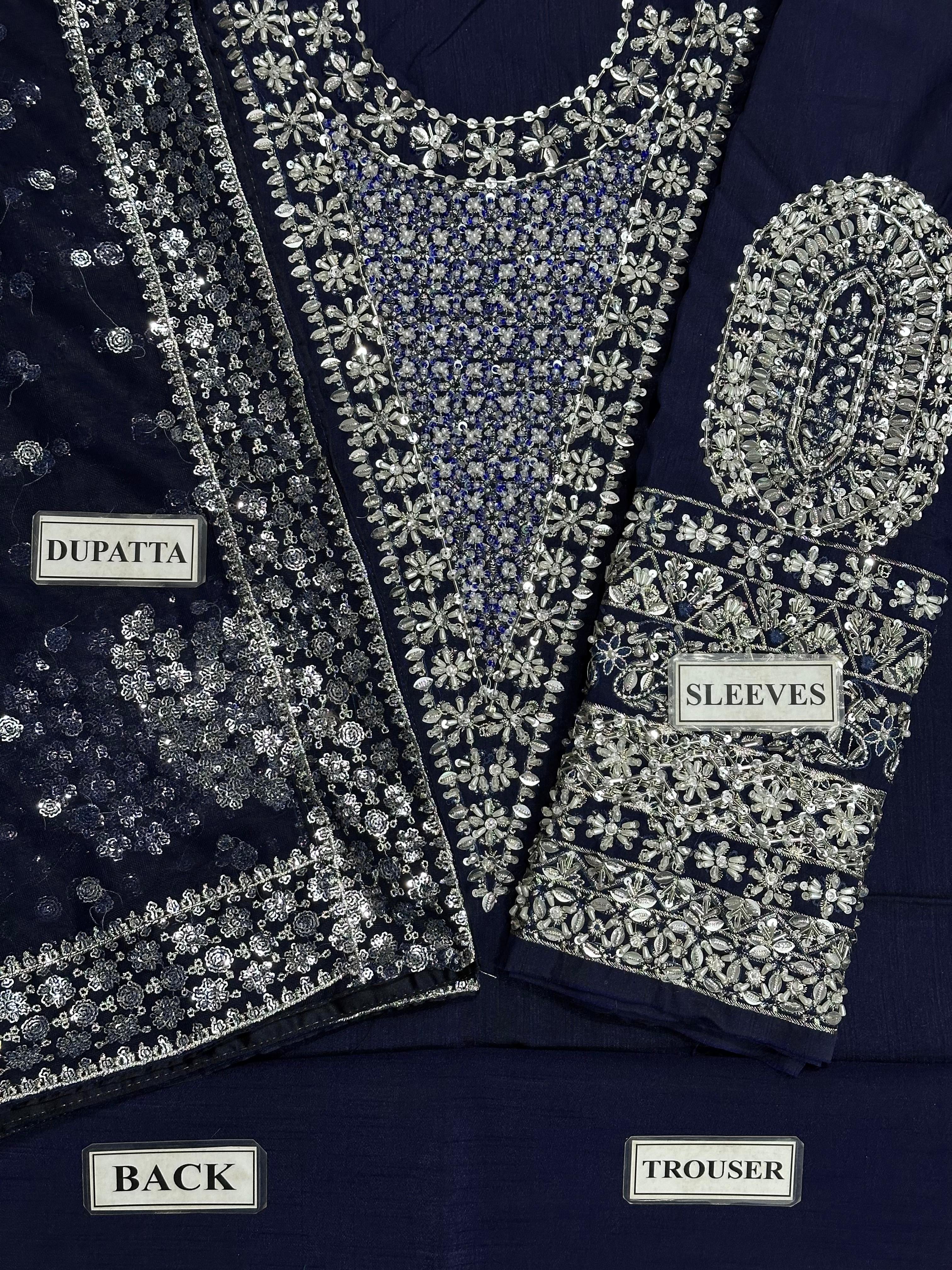 HUSSAIN REHAR LUXURY EMBROIDERED ADDA WORK RAW SILK - 3 PC UNSTITCHED