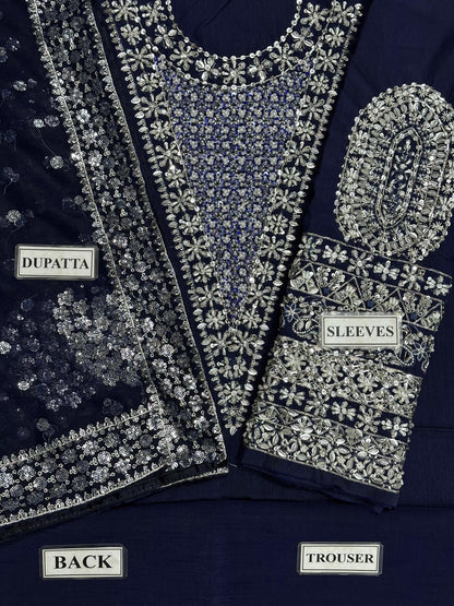 HUSSAIN REHAR LUXURY EMBROIDERED ADDA WORK RAW SILK - 3 PC UNSTITCHED