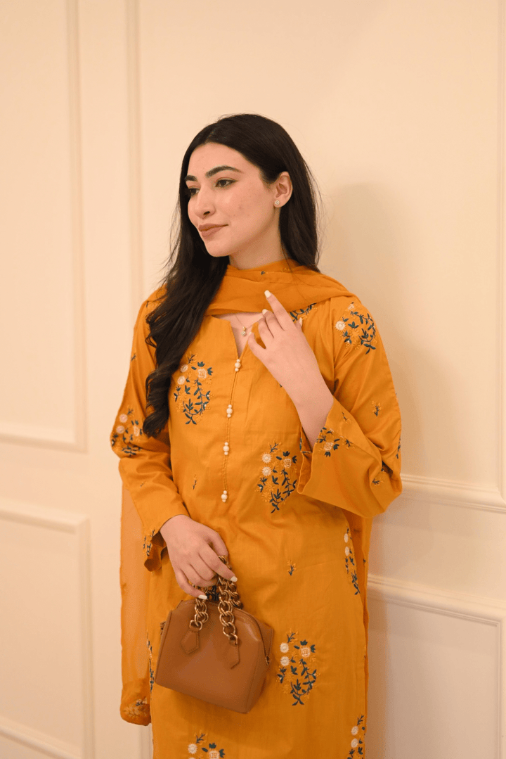 EMBROIDERED COTTON DRESS - 3 PC STITCHED