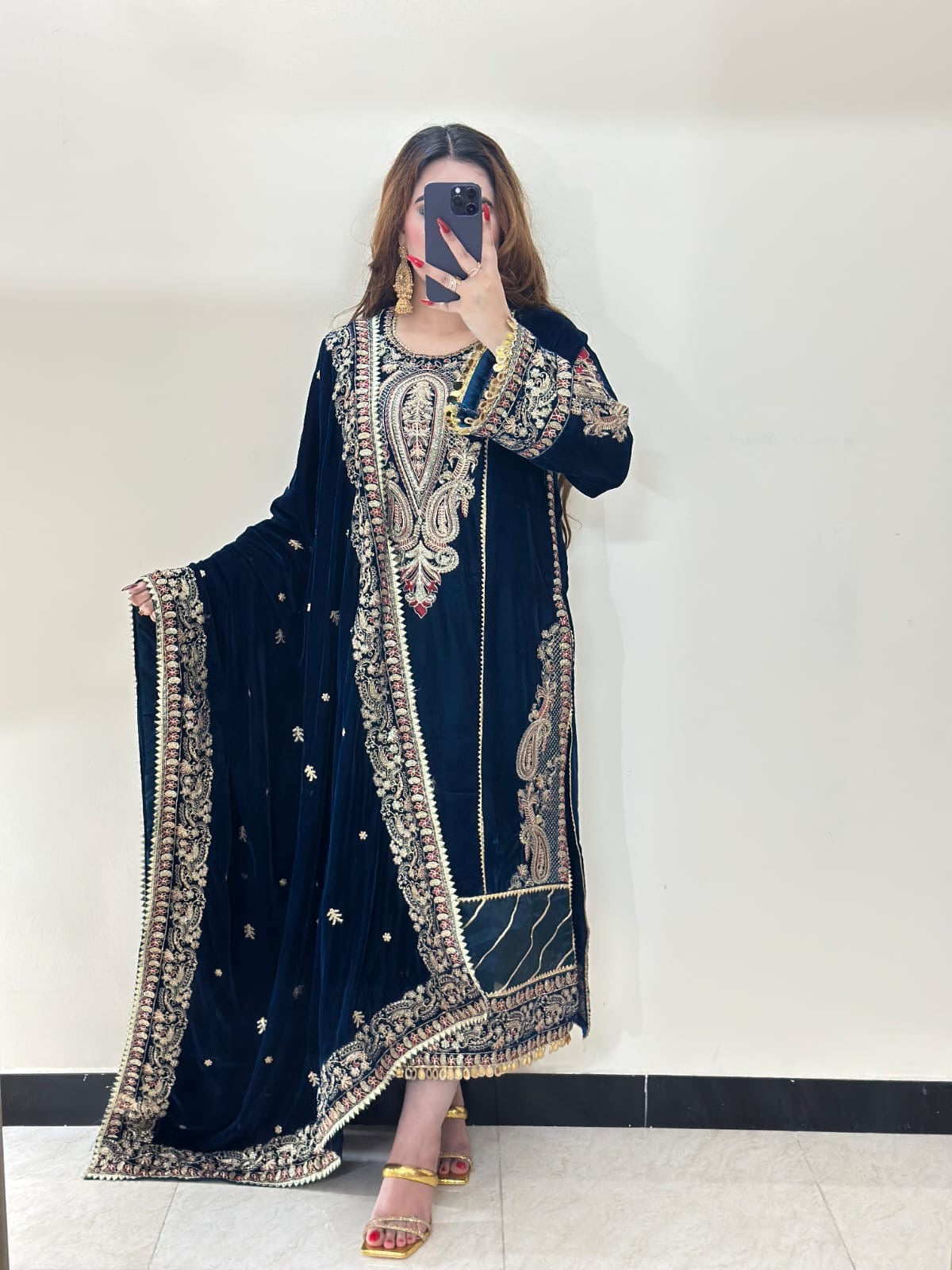 EMBROIDERED VELVET DRESS - 3 PC STITCHED