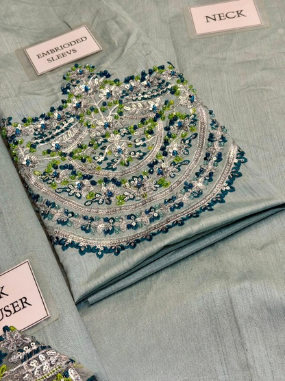 HUSSAIN REHAR EMBROIDERED RAW SILK ADDA WORK - 3 PC UNSTITCHED