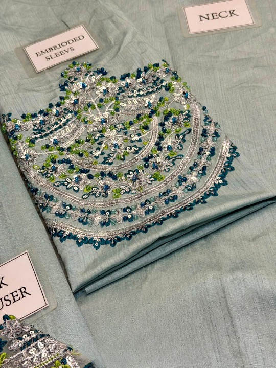 HUSSAIN REHAR EMBROIDERED RAW SILK ADDA WORK - 3 PC UNSTITCHED