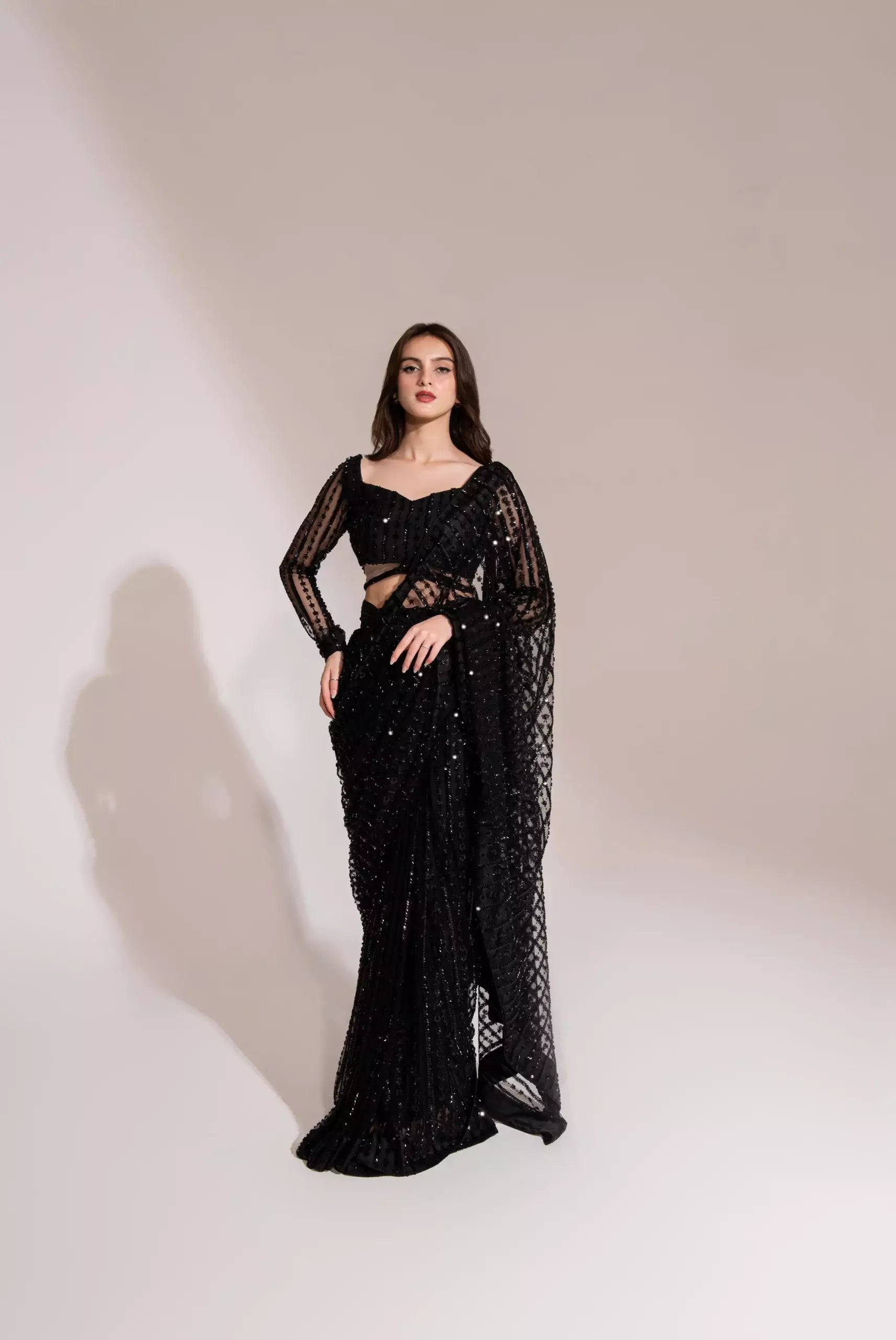 LXM BLACK NET EMBROIDERED SAREE - 3 PC UNSTITCHED