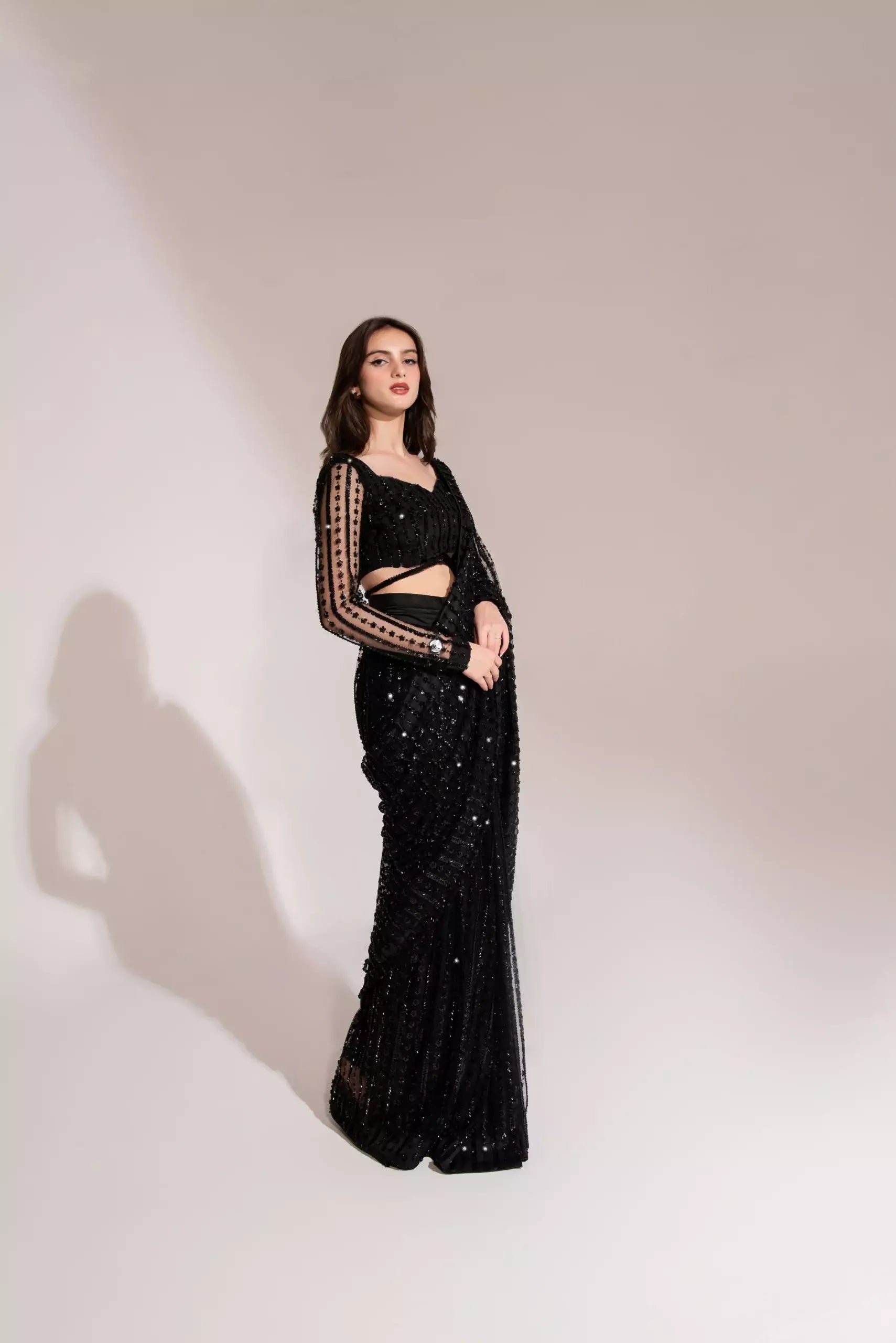 LXM BLACK NET EMBROIDERED SAREE - 3 PC UNSTITCHED