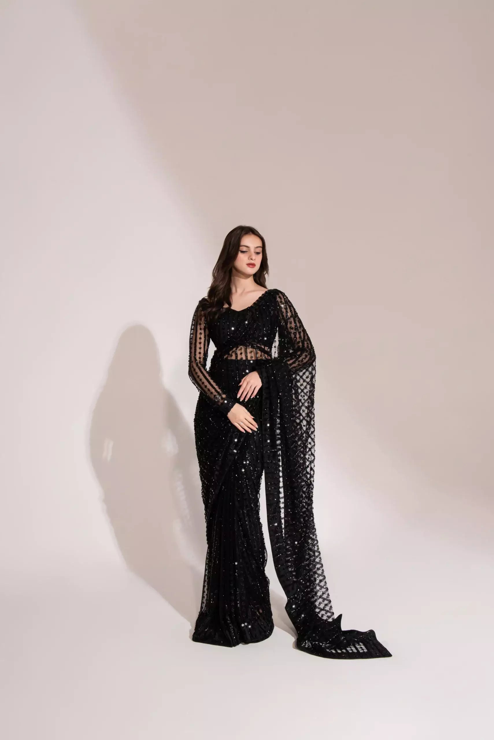 LXM BLACK NET EMBROIDERED SAREE - 3 PC UNSTITCHED