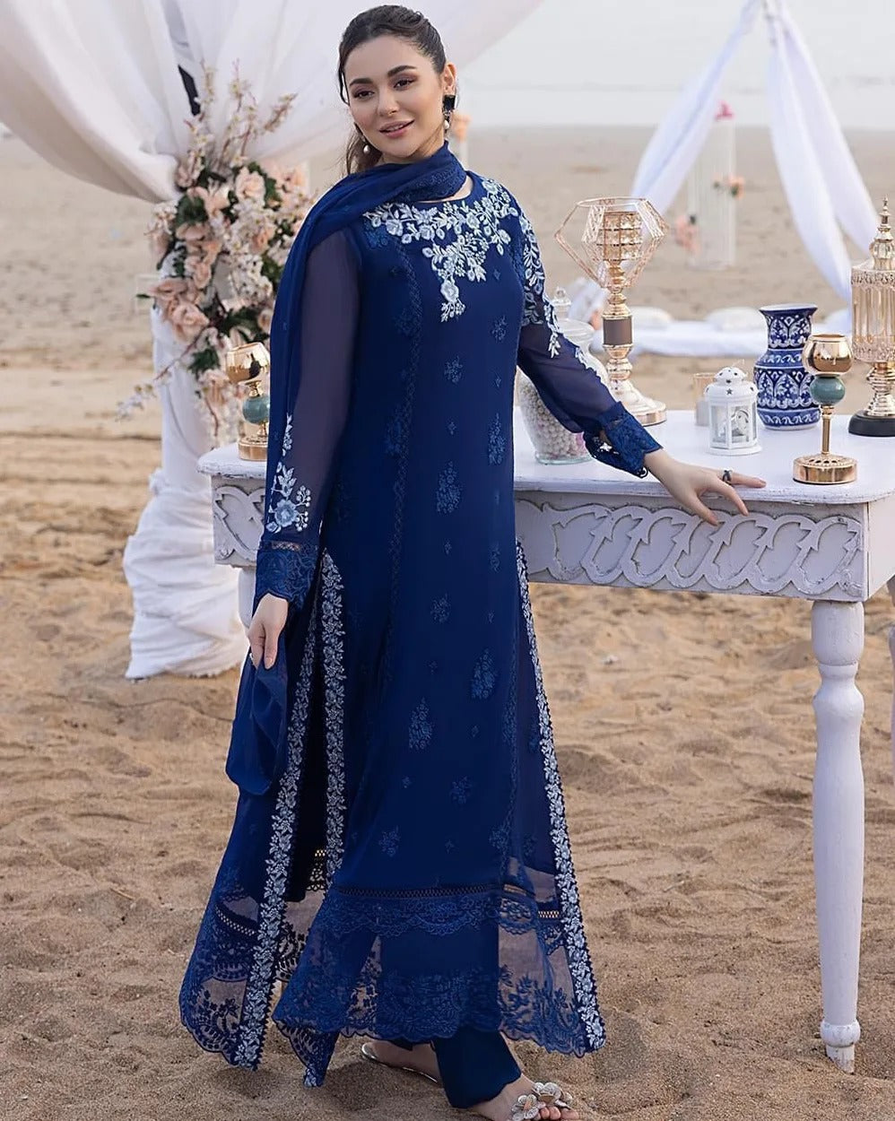 Azure Luxury Embroidered Chiffon 3 pc Unstitched Suit