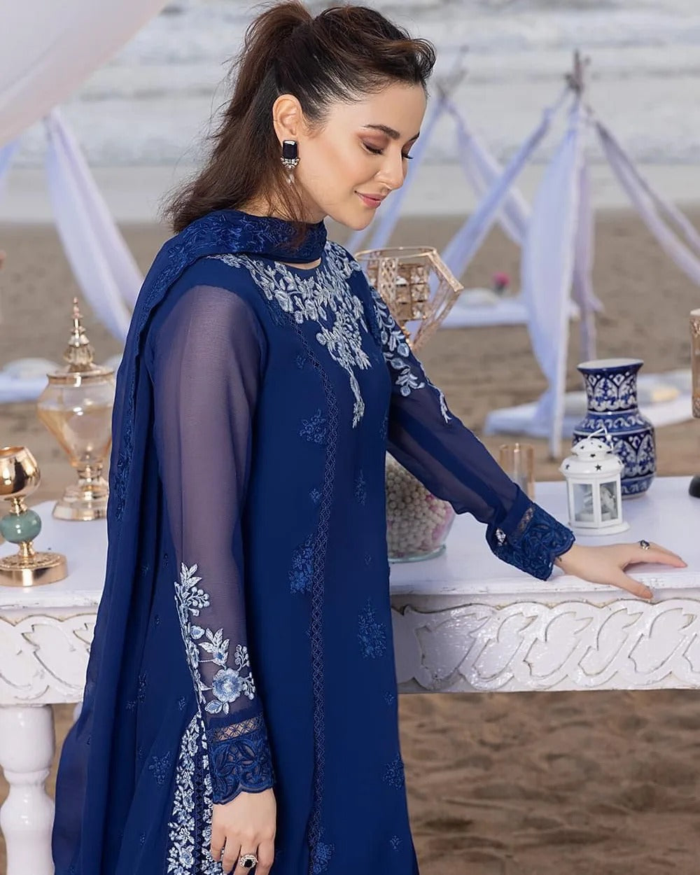 Azure Luxury Embroidered Chiffon 3 pc Unstitched Suit