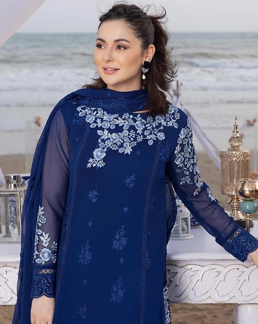 Azure Luxury Embroidered Chiffon 3 pc Unstitched Suit