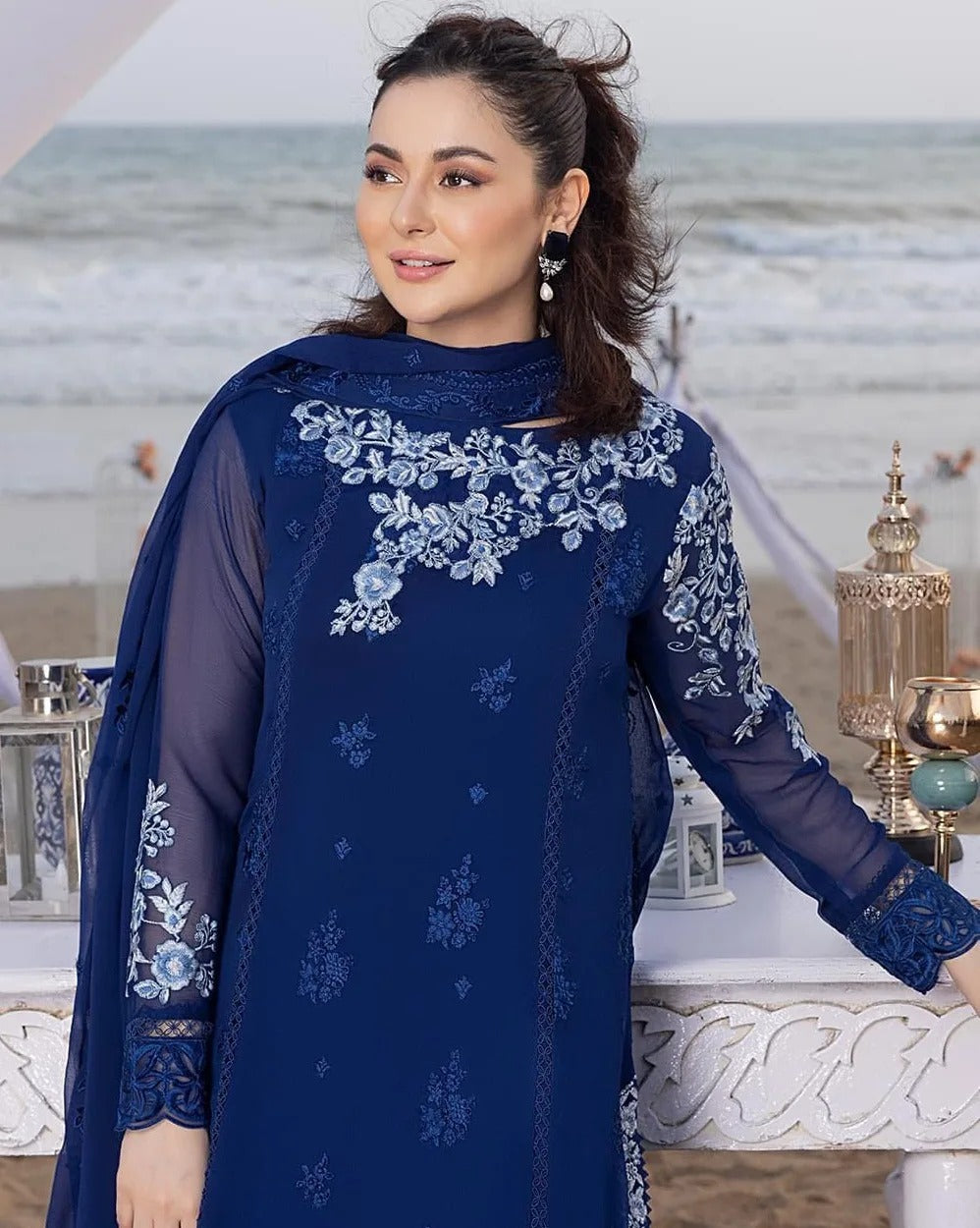 Azure Luxury Embroidered Chiffon 3 pc Unstitched Suit