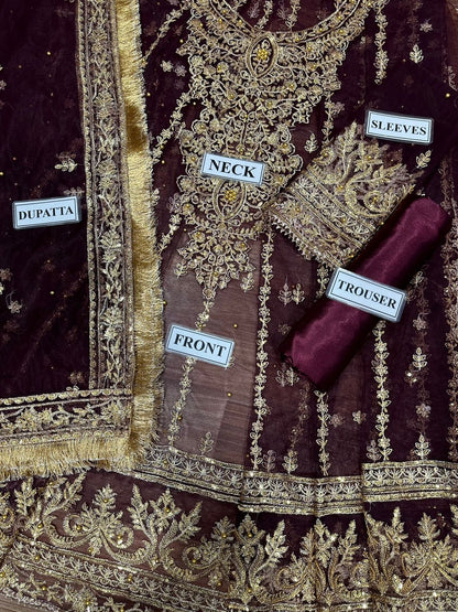 ASIM JOFA LUXURY WEDDING EMBROIDERED NET FROK - 3 PC UNSTITCHED