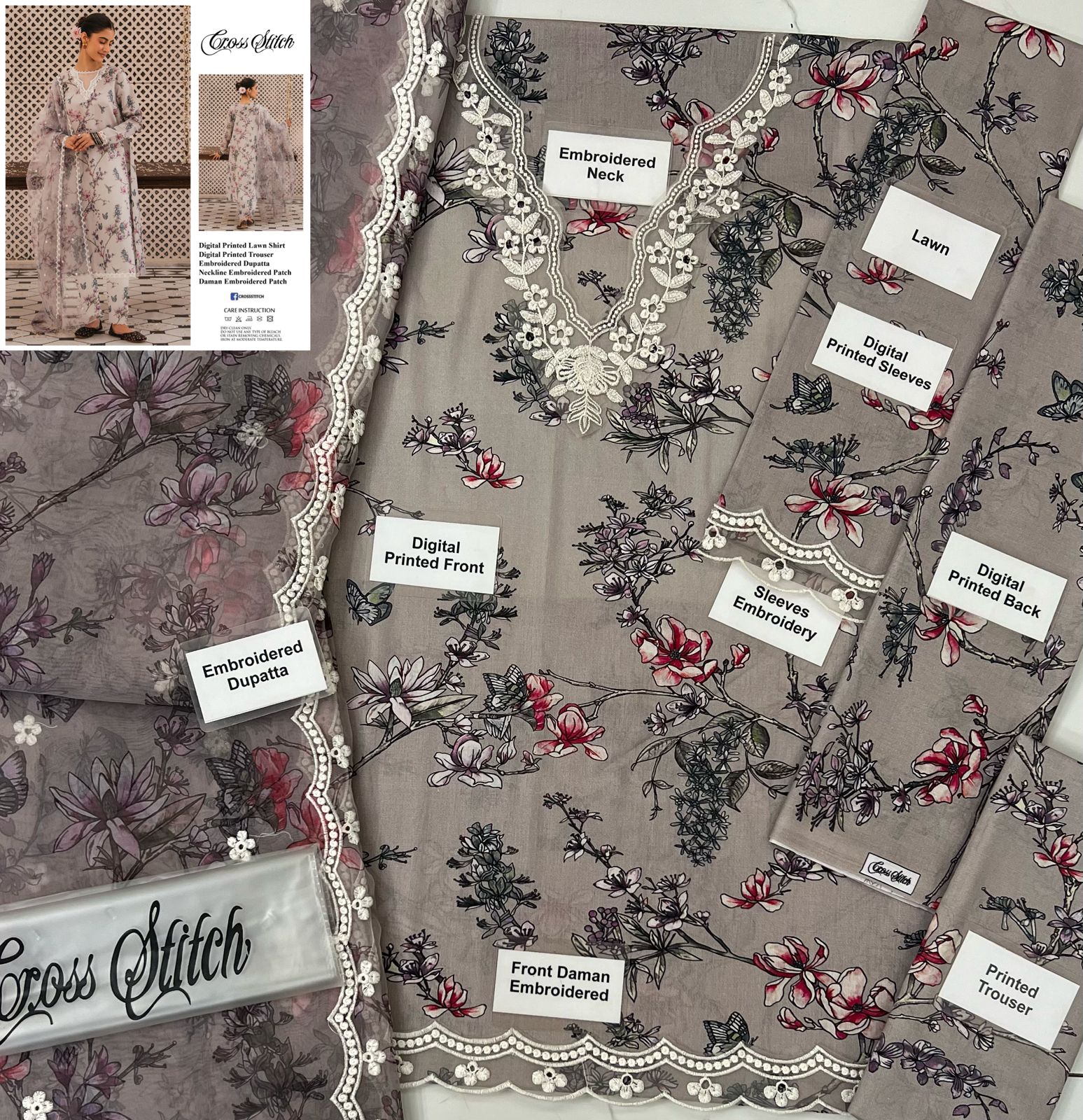 CROSS STITCH LUXURY PRINTED EMBROIDERED LAWN - 3 PC UNSTITCHED