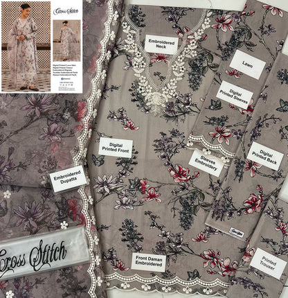 CROSS STITCH LUXURY PRINTED EMBROIDERED LAWN - 3 PC UNSTITCHED