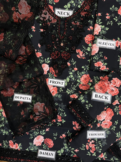 FLORAL EMBROIDERED SWISS LAWN - 3 PC UNSTITCHED