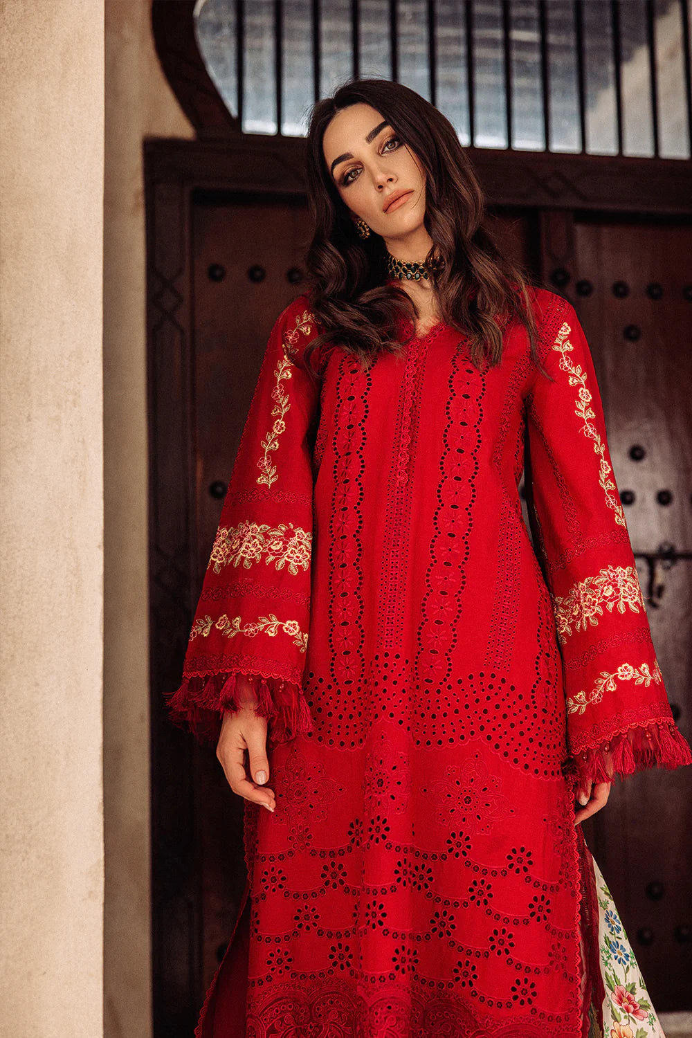 SAIRA RIZWAN LUXURY CHIKANKARI LAWN RED - 3 PC UNSTITCHED