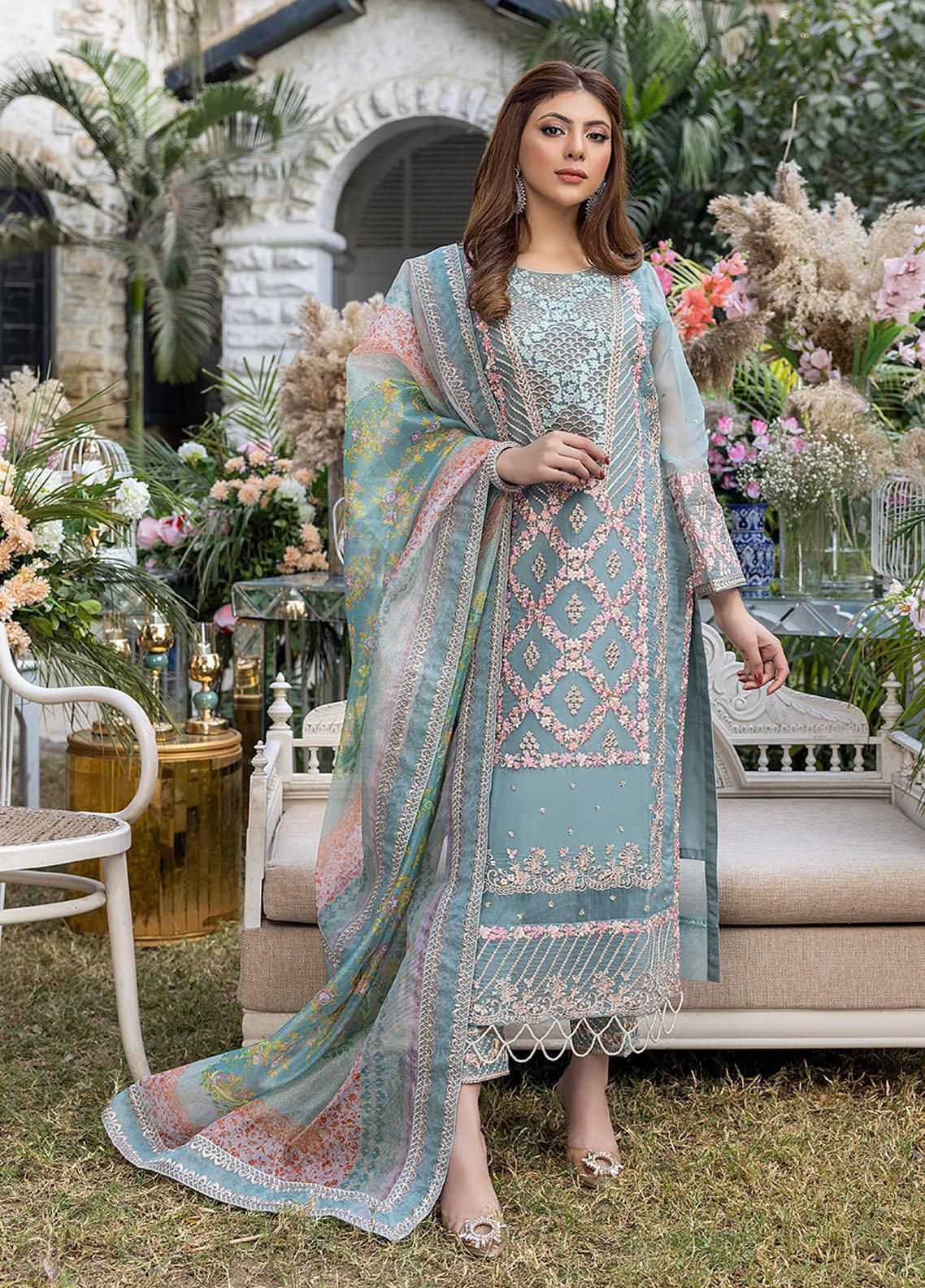 AZURE LUXURY WEDDING EMBROIDERED ORGANZA - 3 PC UNSTITCHED